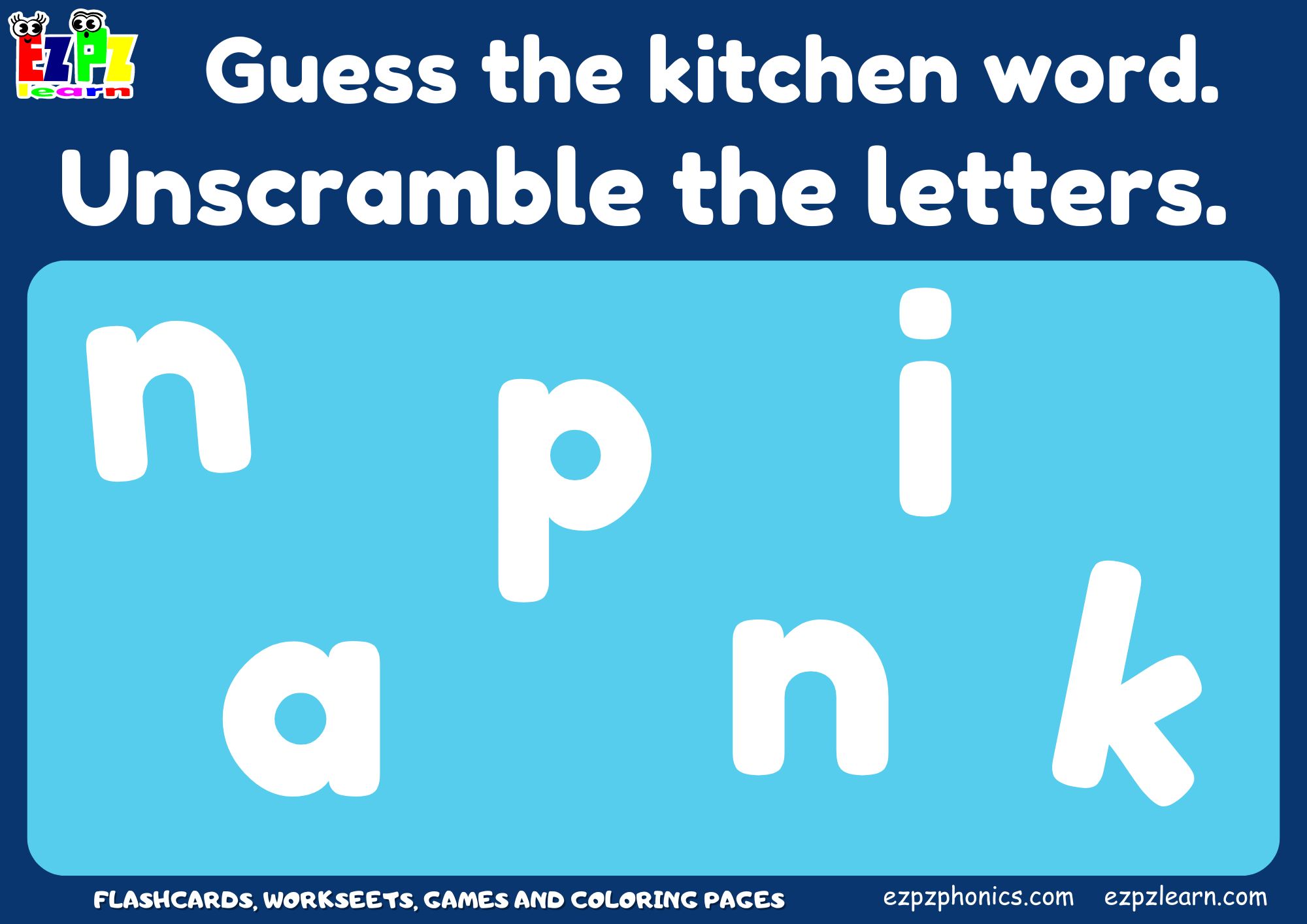 Kitchen Utensils Vocabulary Word Scramble Game.